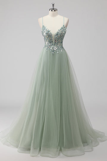 Green Tulle A Line Sequins Long Prom Dress with Lace up Back